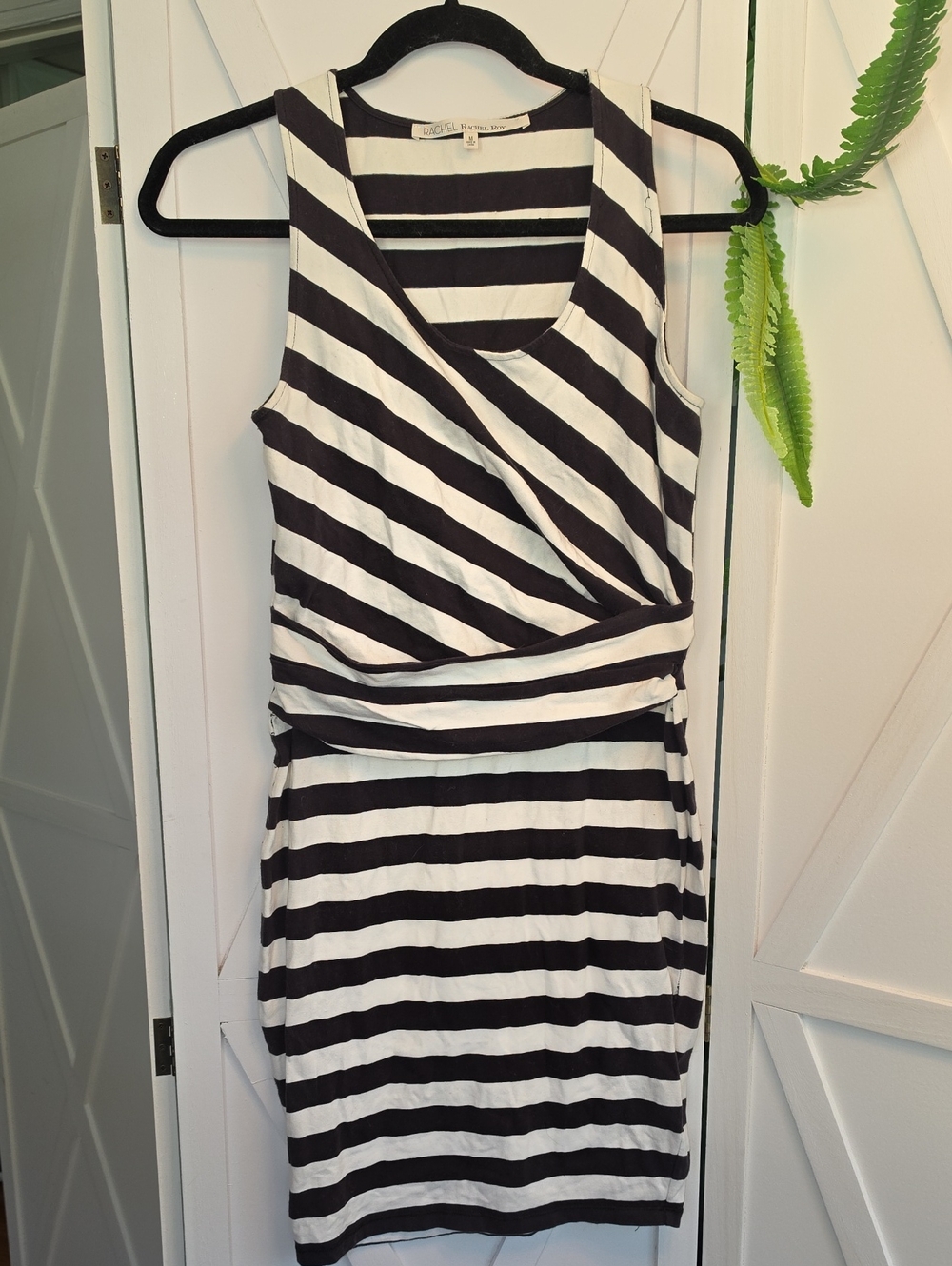 RACHEL Rachel Roy Black and White Striped Sleeveless Wrap-Style Midi Dress